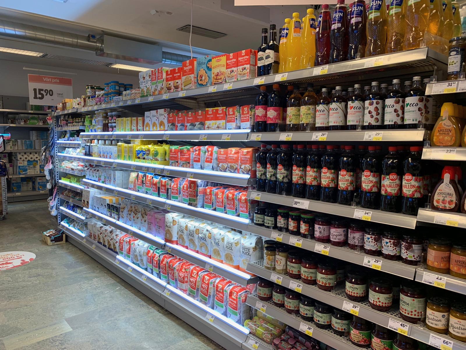 LED-lights on the shelves can Crete a great visual effect. The effects can be even stronger than in the picture if the products on the shelf are made of glass or another see throw material.